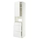 White METOD kitchen unit, high gloss finish, wall-mounted with drawers and open storage.