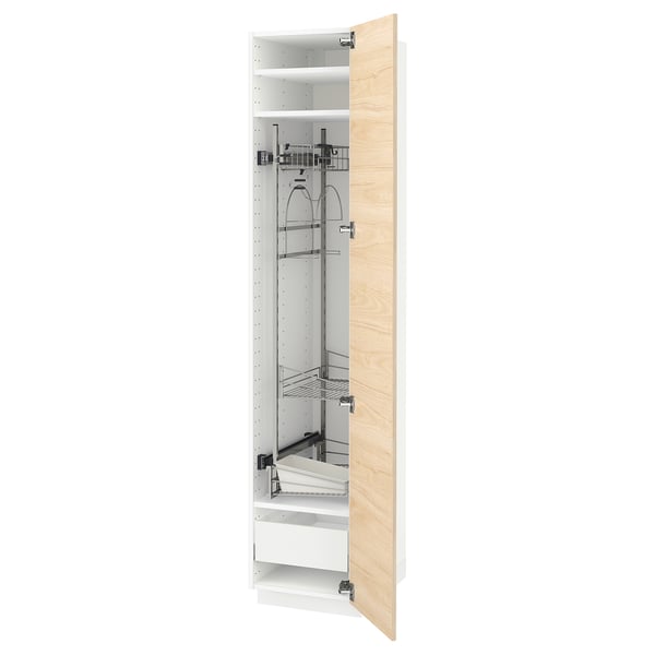 Open light wood kitchen cabinet, metal shelves, soft-close hinge.