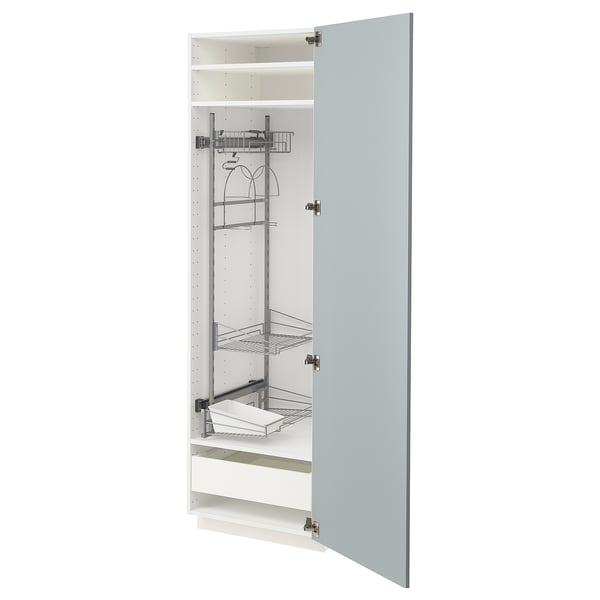 Modern gray-blue high-gloss kitchen cabinet with pull-out shelves and drawer, sleek design.