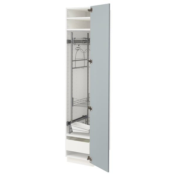 Modular kitchen cabinet METOD with kallarp high-gloss grey-blue doors, metal shelves, and drawers. Open design showing storage.
