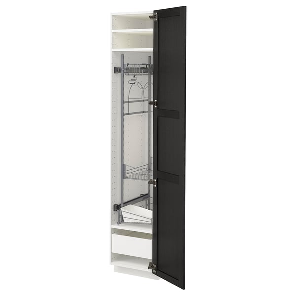 METOD black cabinet with white interior, shelves, drawers. Tall, narrow, bevelled edges.
