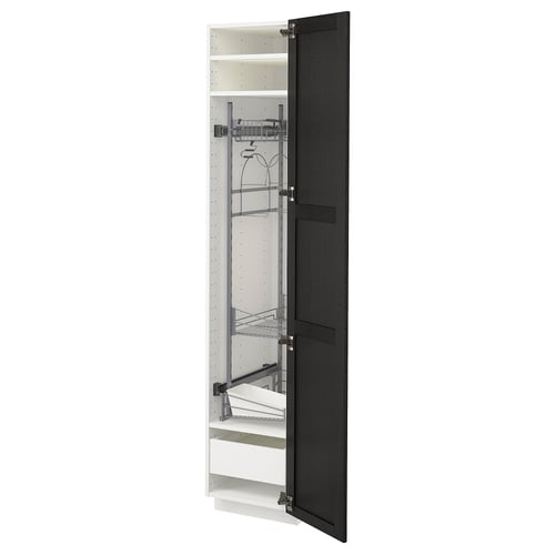 METOD black cabinet with white interior, shelves, drawers. Tall, narrow, bevelled edges.