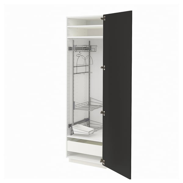METOD kitchen cabinet in black with metallic shelves & drawers, open door.