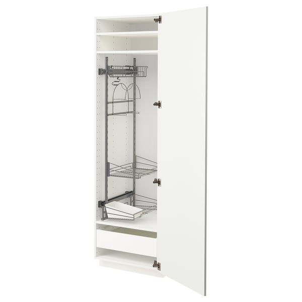White cabinet with modern, slim design, metal racks, pull-out shelf and drawers, sleek, glossy finish.