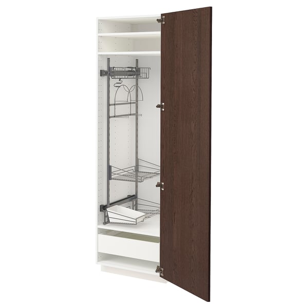 An open, dark brown wooden cabinet with metal storage compartments.