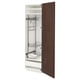 An open, dark brown wooden cabinet with metal storage compartments.