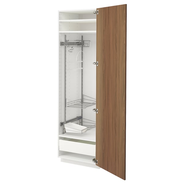 Open walnut kitchen cabinet, metal shelves, pull-out drawer, smooth finish, modern, easy-access.