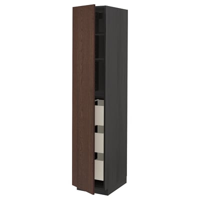 METOD tall kitchen cabinet with dark brown wood doors and shelves.