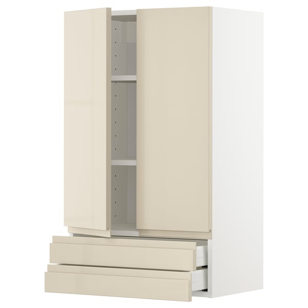 METOD / MAXIMERA Wall cabinet w 2 doors/2 drawers, white/Voxtorp high-gloss light beige, 60x100 cm