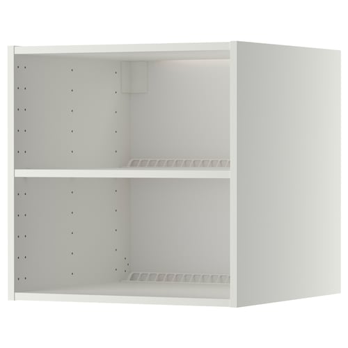 A white, two-tiered METOD kitchen cabinet with adjustable shelves and ventilation holes.