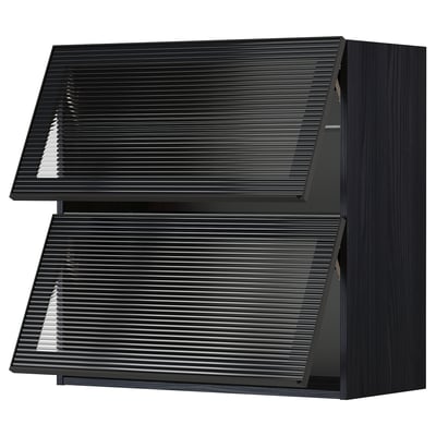 METOD Wall cab horizontal w 2 glass doors, black/Hejsta anthracite reeded glass, 80x80 cm