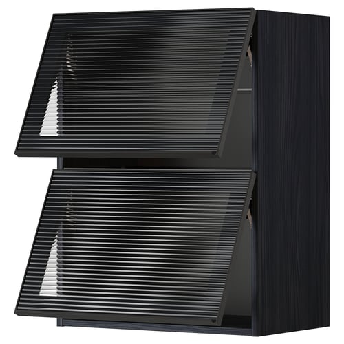 Black modern kitchen cabinet with two dark-tinted glass doors, featuring sleek metal frames and vertical reeded glass texture.