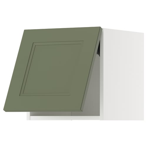 Green kitchen cabinet with square panel design.