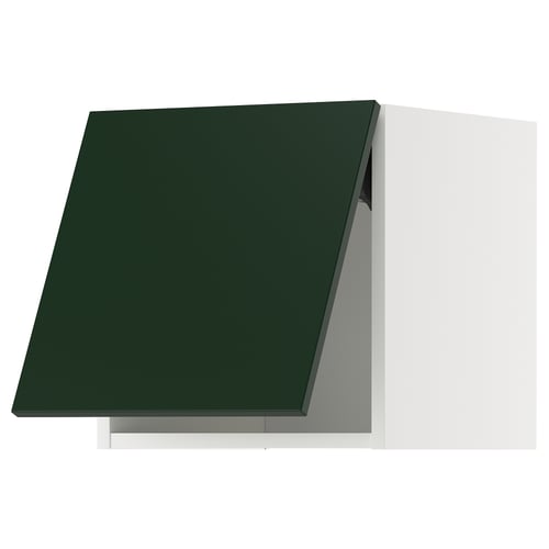 Modern green kitchen cabinet with white sides.