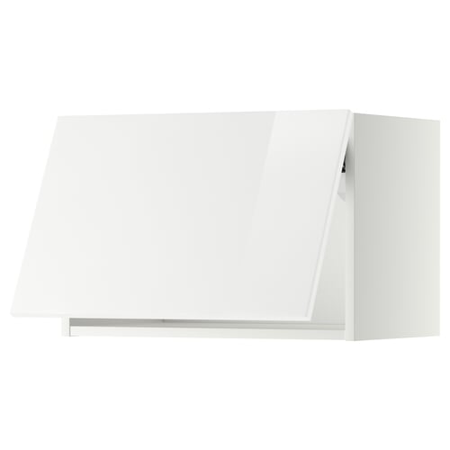 A high gloss white wall cabinet from the IKEA METOD kitchen system. Its rectangular with a sleek, modern design and a gently closing hinged door.