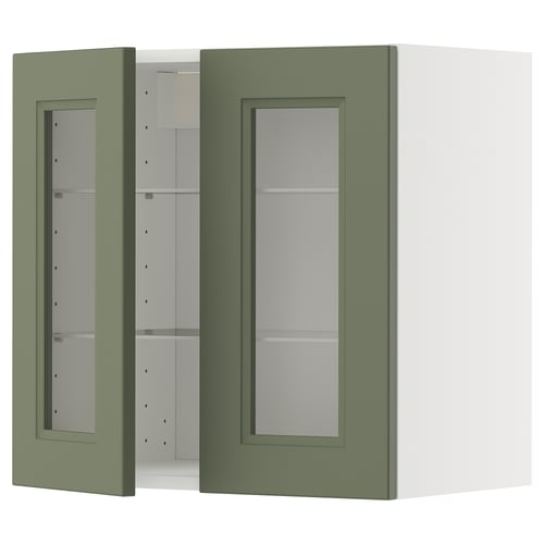 Green glass door cabinet, modern kitchen storage. Rectangle shape, adjustable shelves.