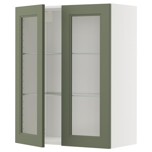 Wall-mounted green glass-door cabinet with adjustable shelves.