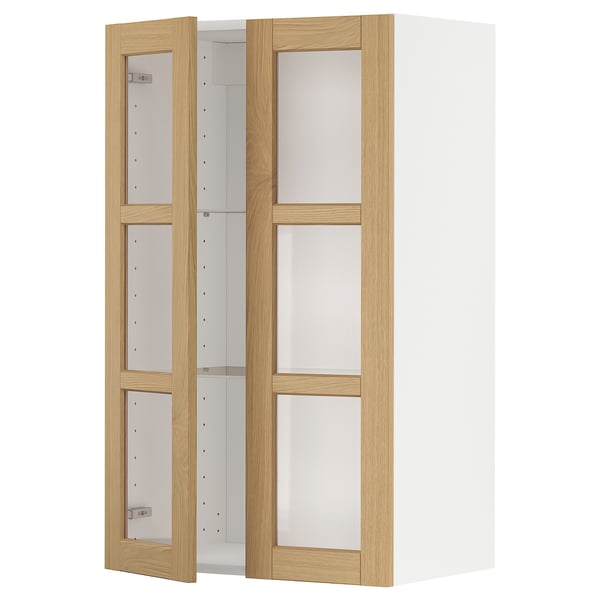 METOD Wall cabinet w shelves/2 glass drs, white/Forsbacka oak, 60x100 cm