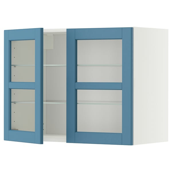 METOD Wall cabinet w shelves/2 glass drs, white/Lerhyttan blue, 80x60 cm
