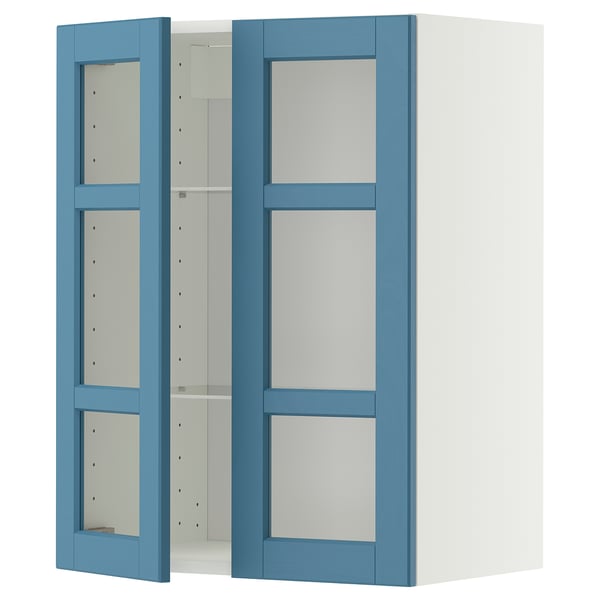 METOD Wall cabinet w shelves/2 glass drs, white/Lerhyttan blue, 60x80 cm