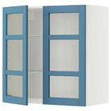 METOD Wall cabinet w shelves/2 glass drs, white/Lerhyttan blue, 80x80 cm