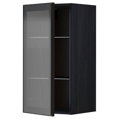 METOD Wall cabinet w shelves/glass door, black/Hejsta anthracite reeded glass, 40x80 cm