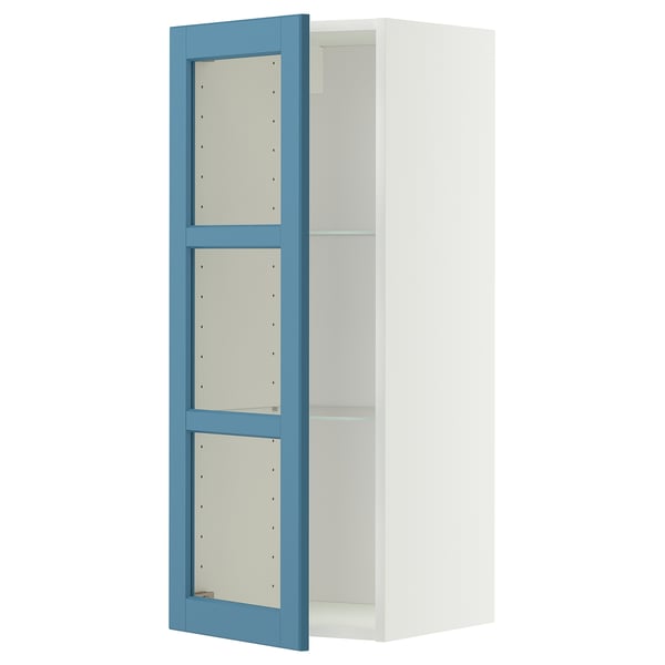 METOD Wall cabinet w shelves/glass door, white/Lerhyttan blue, 40x100 cm