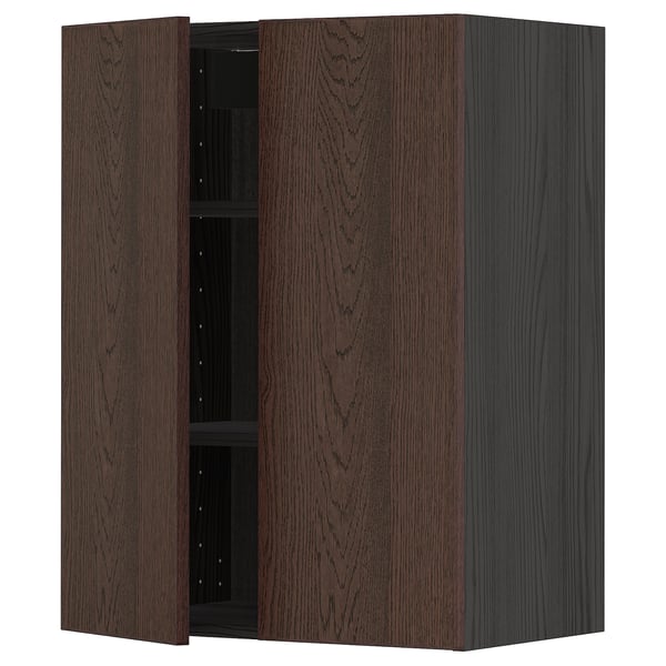 METOD Wall cabinet with shelves/2 doors, black/Sinarp brown, 60x80 cm