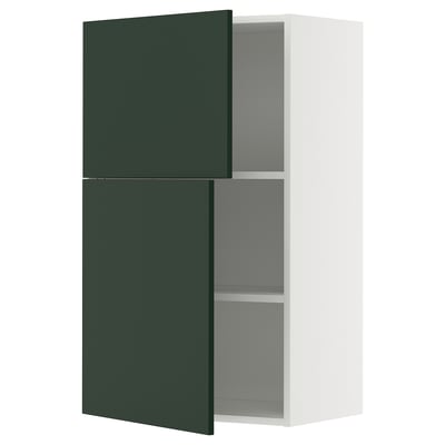 Modern kitchen cabinet with dark green doors and white frame.