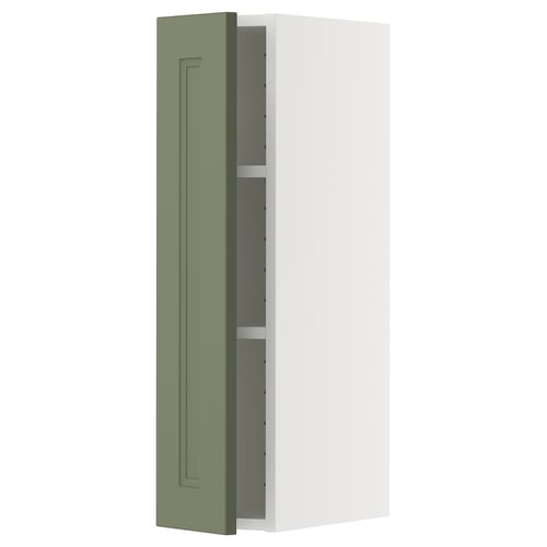 Ikea METOD kitchen cabinet in grey-green with white frame.