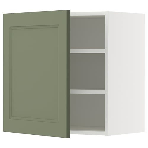 Green kitchen cabinet with door open, showing 2 shelves.