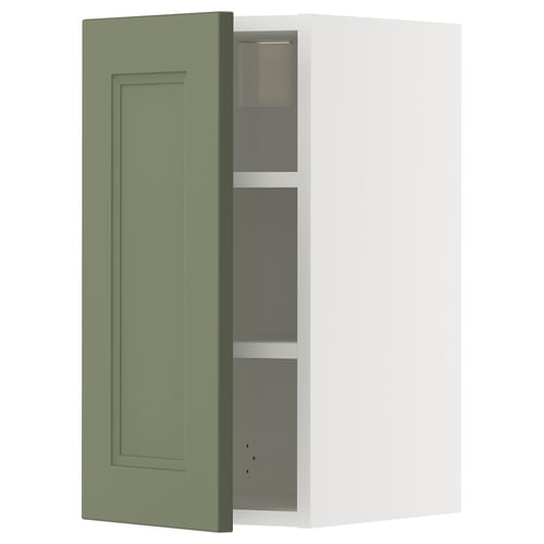 METOD wall cabinet in greenish-gray with adjustable shelves and right or left door mount.