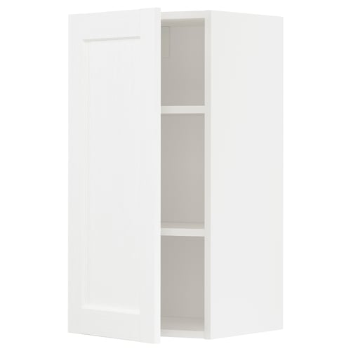 This image shows a white, tall kitchen cabinet with a single door and two shelves inside. It has a sleek, modern design.