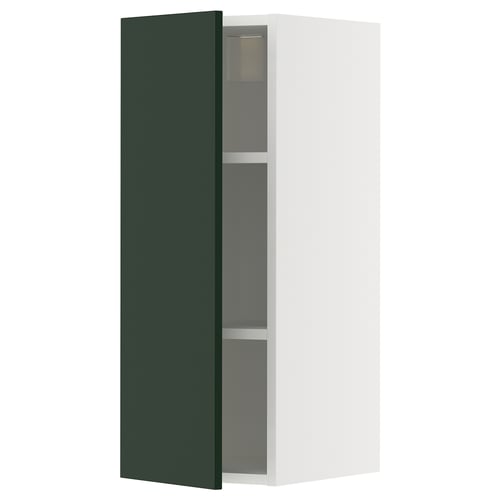 A tall, narrow white and green kitchen cabinet with one door open, revealing grey shelves inside. Modern and sleek design.