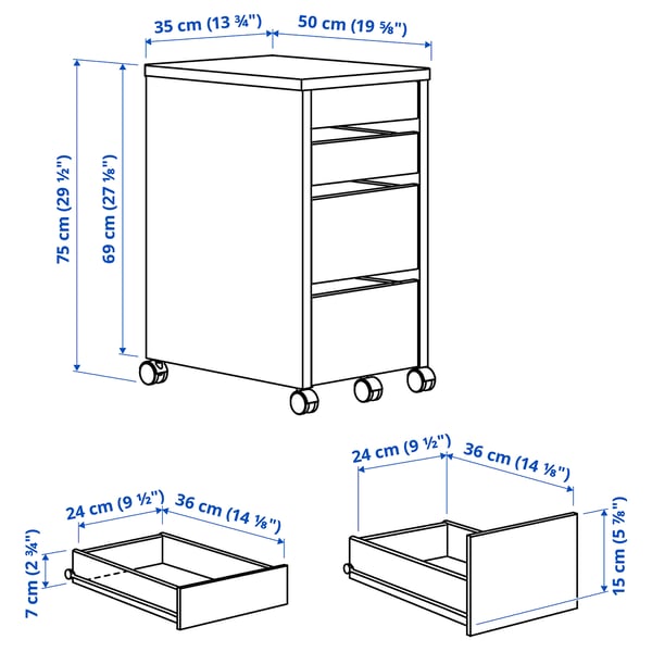 MICKE Drawer unit on castors, white stained oak effect, 35x75 cm