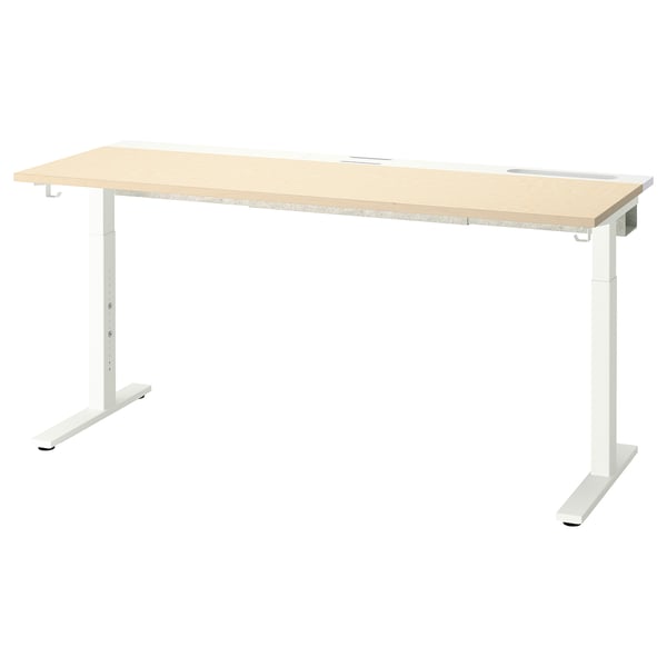 MITTZON desk: adjustable height, light wood top, white legs, rectangular, modern design.