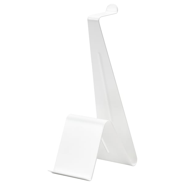 A white MÖJLIGHET stand, made of steel with epoxy coating. Its a simple, stable design meant for organising headphones and tablets.