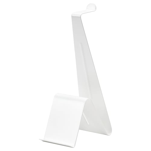 A white MÖJLIGHET stand, made of steel with epoxy coating. Its a simple, stable design meant for organising headphones and tablets.