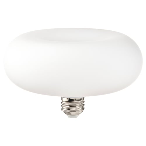 A MOLNART led bulb, white, with a frosted glass cover, round shape, emitting warm light.