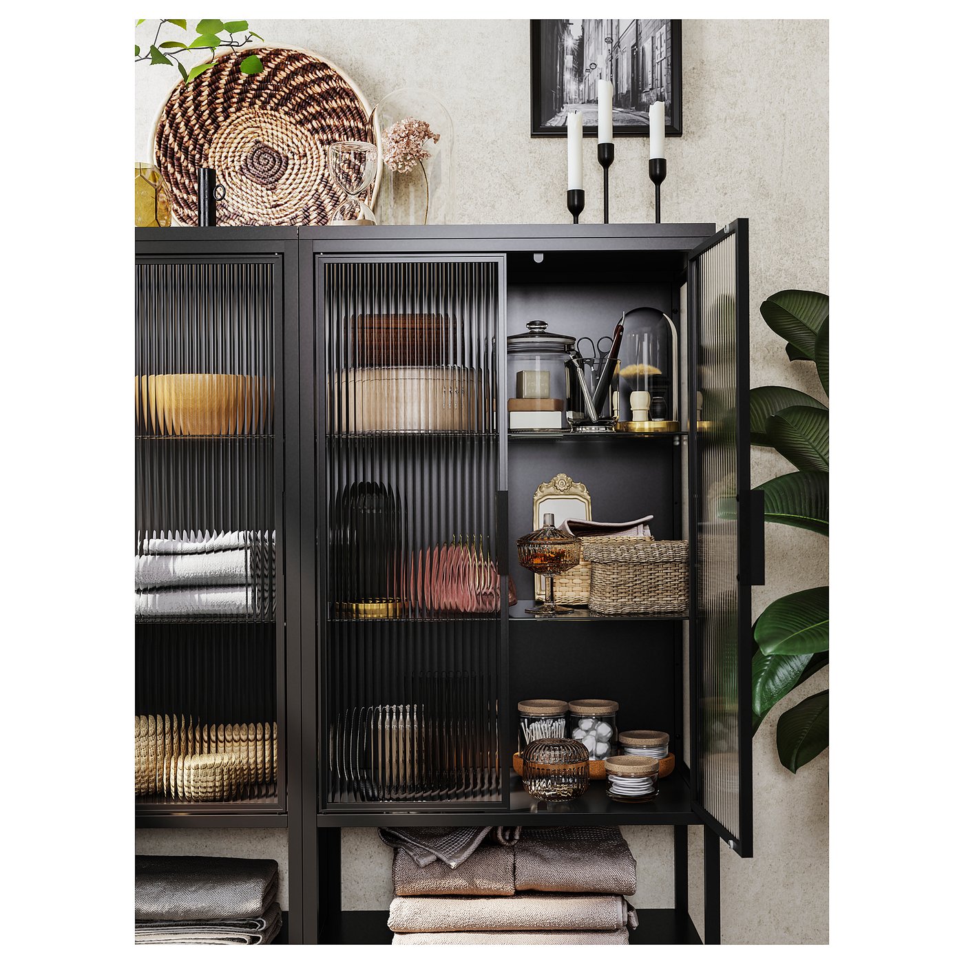 MOSSJÖN glass-door cabinet with 2 doors, anthracite, 60x34x146 cm