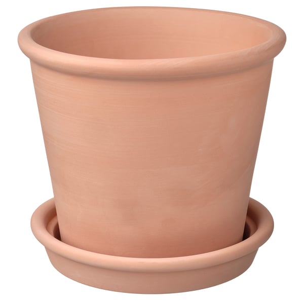 MUSKOTBLOMMA: terracotta planter with saucer, round shape, simple design, clay material.