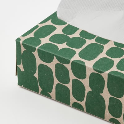 Box of green patterned paper napkins, showcasing eco-friendly design, placed on white surface.