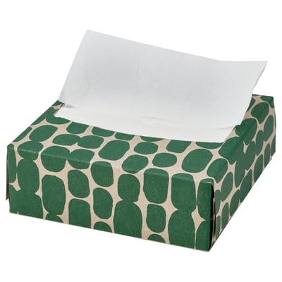 Green patterned paper napkin dispenser box on white background.
