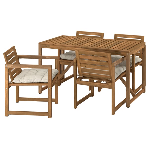 NÄMMARÖ Table+4 chairs w armrests, outdoor, light brown stained/Kuddarna light grey-beige, 140x75 cm