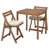 NÄMMARÖ Table and 2 folding chairs, outdoor, light brown stained/Kuddarna light grey-beige, 75x63 cm