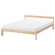 A NEIDEN wooden bed frame in natural colour with a white mattress. It a simple, rectangular design made from solid pine.