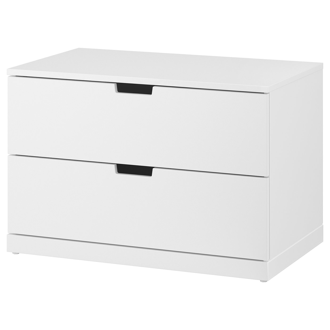A white ikea NORDLI two-drawer chest of drawers. It black handles and a sleek, modern design.