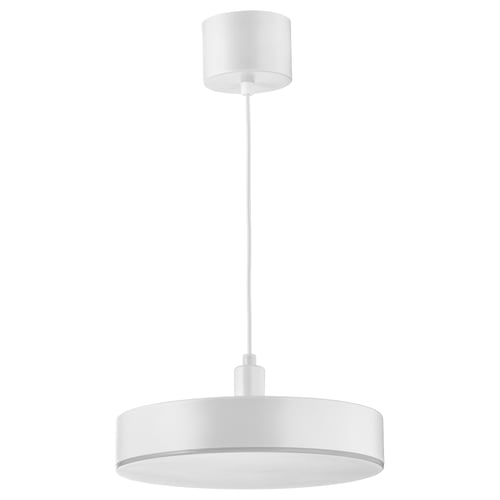 A white NYMÅNE pendant lamp with a circular shade, modern design, and minimalist look.