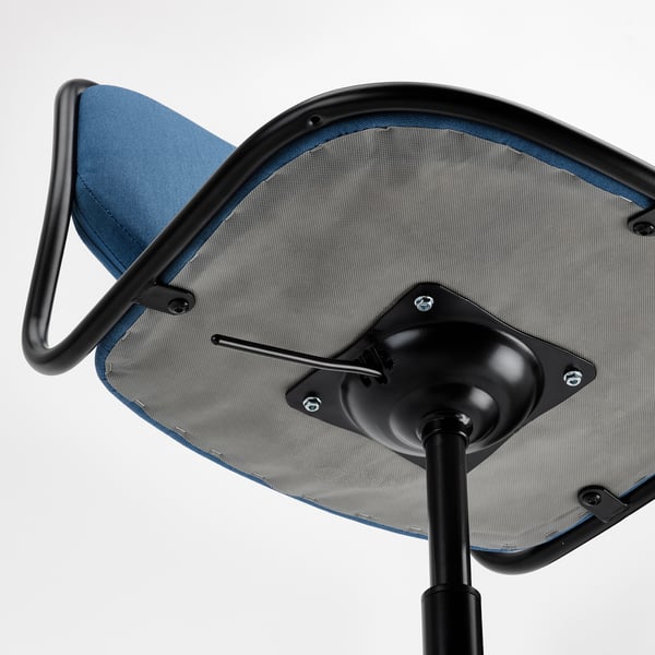 Blue mesh office chairs underside, showing durable steel base and brake mechanism.