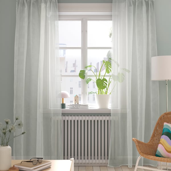 PALPLJUNGMAL Sheer curtains, 1 pair, white white/check pattern with heading tape, 145x300 cm